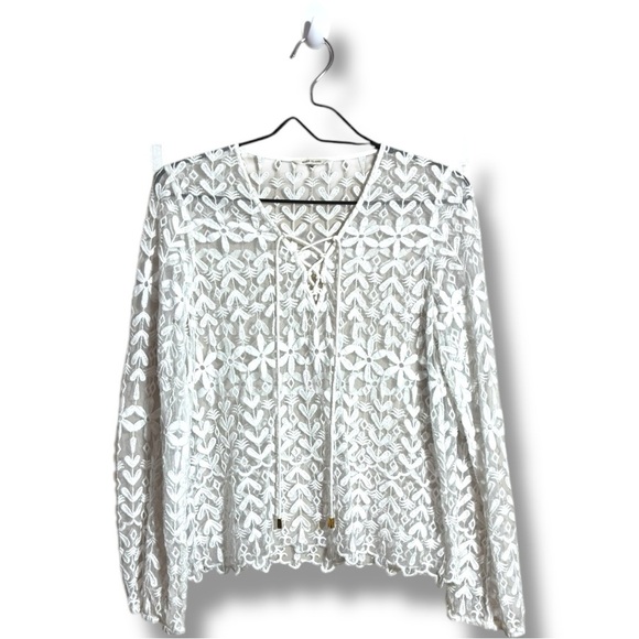River Island Tops - River Island Sheer Lace Up Front Floral Lace Design Long Sleeve Blouse in White